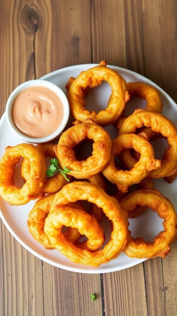 Crispy Low Carb Onion Rings Recipe Crispy low carb onion rings served with dipping sauce on a rustic wooden table.